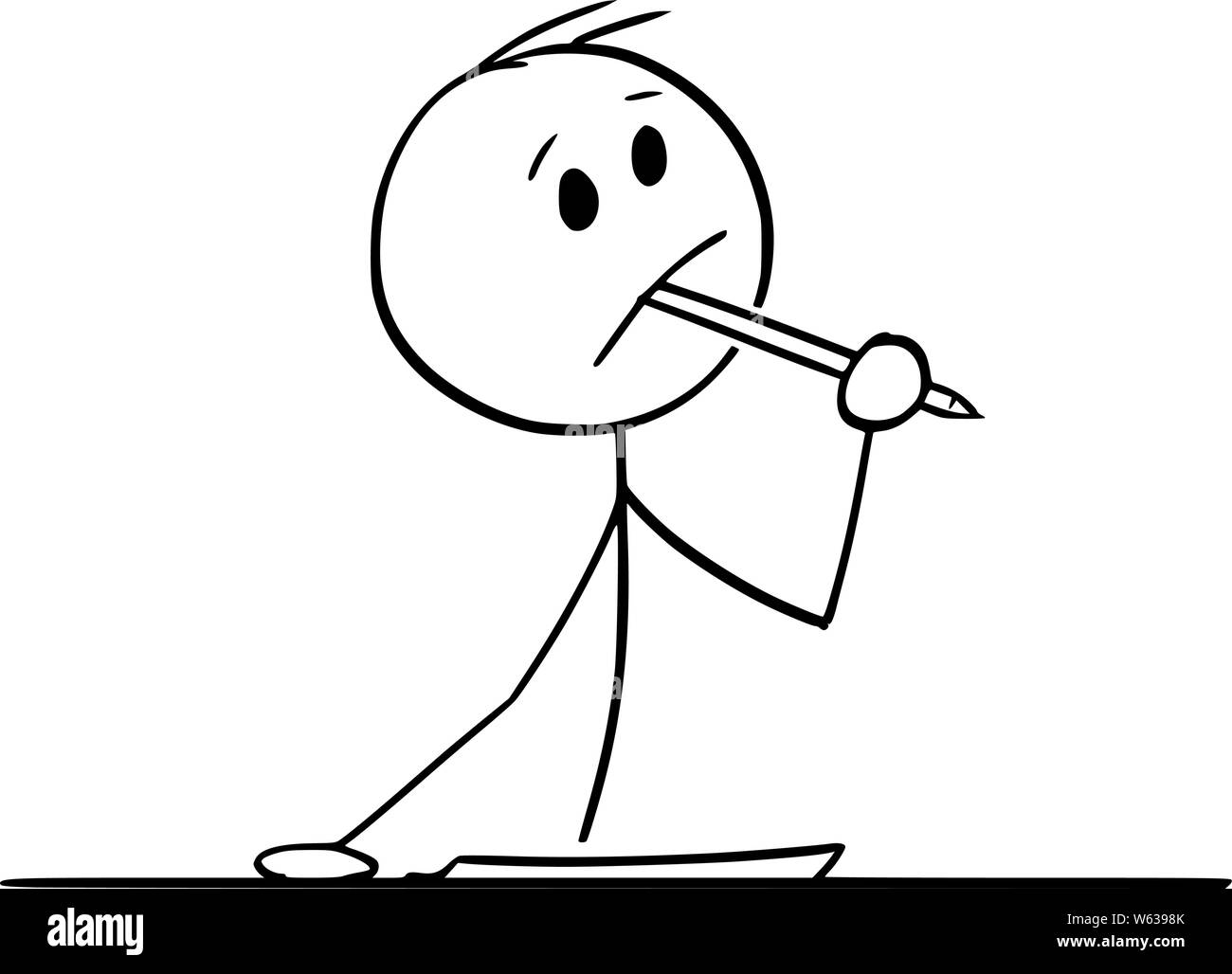 Cartoon vectores stick figura dibujo Ilustración conceptual del hombre creativo o empresario o escritor pensando en algo, con bolígrafo en la boca y el trozo de papel sobre la mesa. Ilustración del Vector