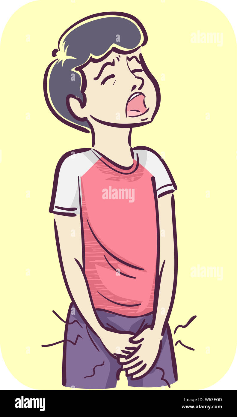 Ilustración de un hombre sujetando su inflamación de los testículos y de dolor Fotografía de