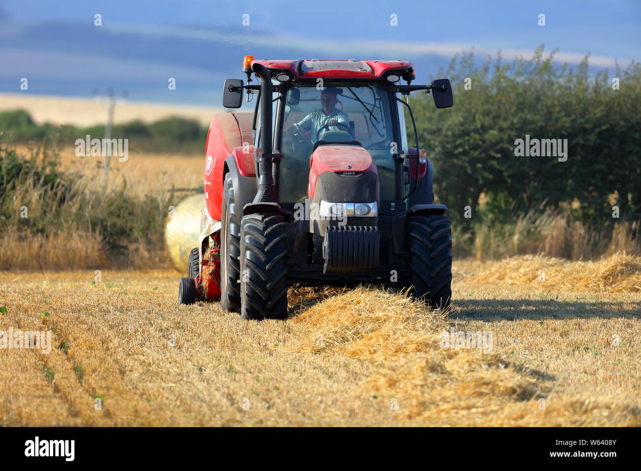 Un moderno compactador de paja recogiendo la paja y extenderlo en enormes fardos listo para ser almacenado durante el invierno se alimentan en forma de rollo. Foto de stock