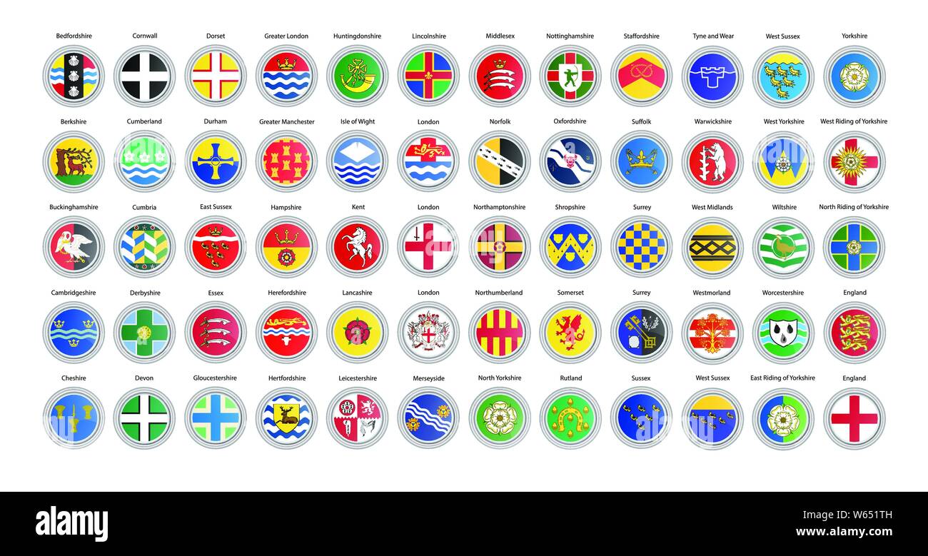 Conjunto de iconos vectoriales. Condados de Inglaterra banderas. Ilustración 3D. Ilustración del Vector