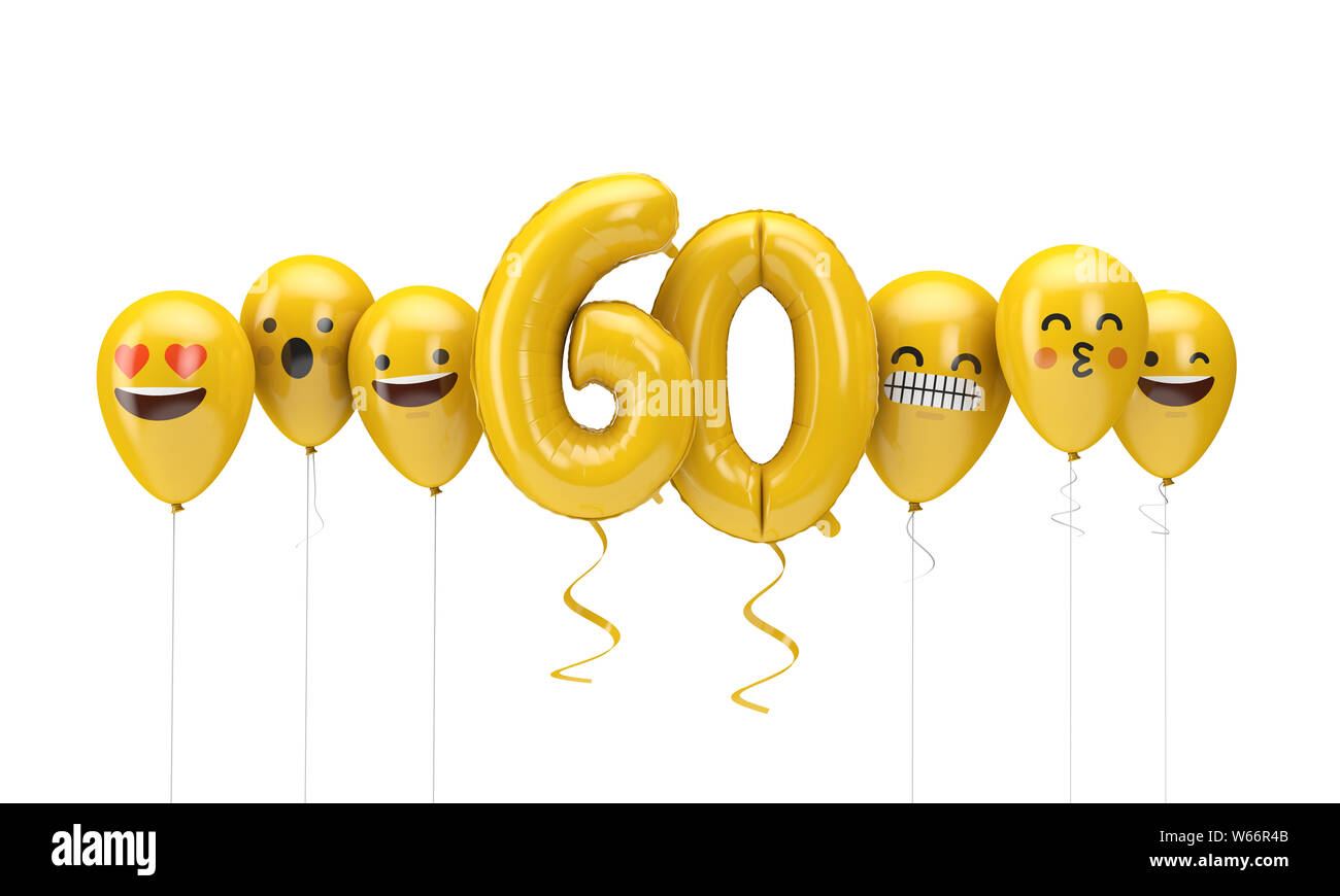 Amarillo número 60 cumpleaños emoji rostros globos. 3D Render