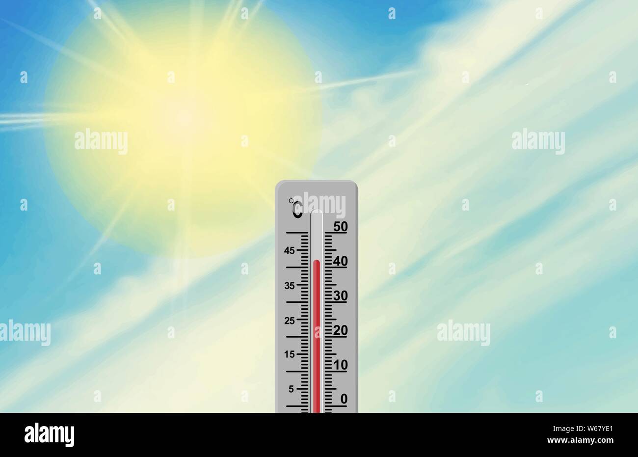 Sol y termómetro. La temperatura del aire es superior a 40 grados