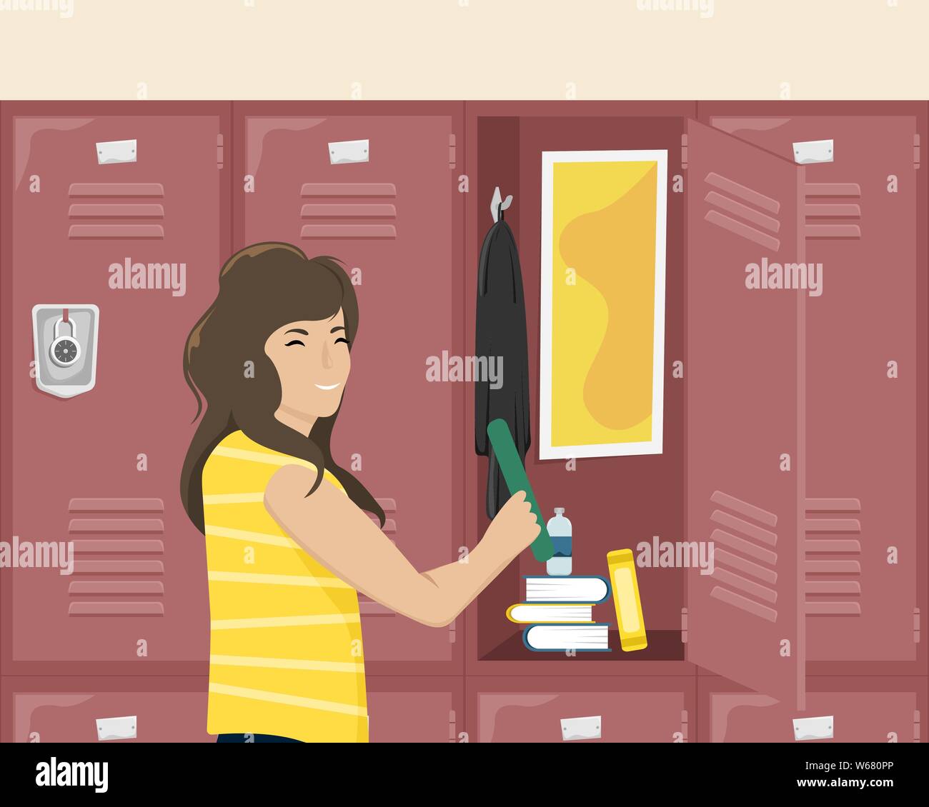 Chica alumna de la escuela locker con las cosas. Corredor de la escuela