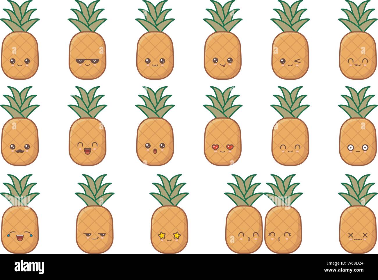 Piña cute kawaii mascota. Establecer kawaii comida rostros expresiones sonrisa emoticonos. Ilustración del Vector