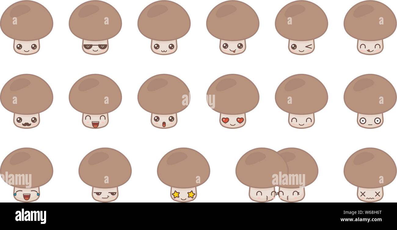 Champiñón cute kawaii mascota. Establecer kawaii comida rostros expresiones sonrisa emoticonos. Ilustración del Vector