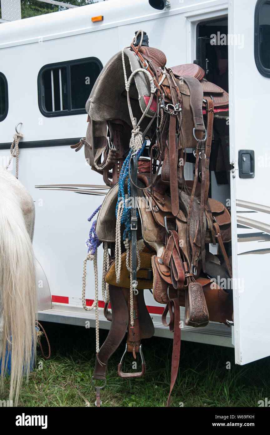 Silla de caballo tack marcha soportes colgantes en una zona de un remolque de caballos con el extremo posterior de un caballo en este país vertical de imagen de vida occidental. Foto de stock