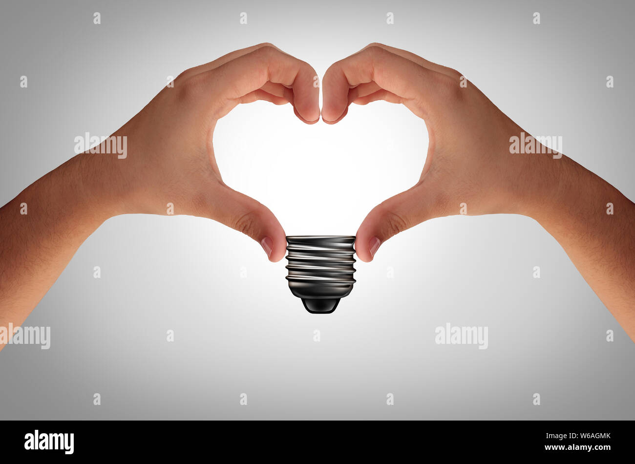 Resumen idea conceptual y el concepto creativo uniendo sus manos en la forma de un corazón eléctrico lámpara de luz inspiradora metáfora o negocio. Foto de stock