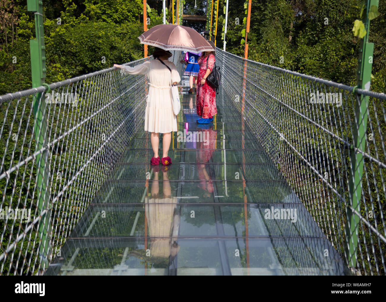 Los turistas posar para fotos mientras caminan sobre un puente colgante con fondo de cristal con una longitud de 199,9 metros y una altura máxima de 52 metros en una prima Foto de stock