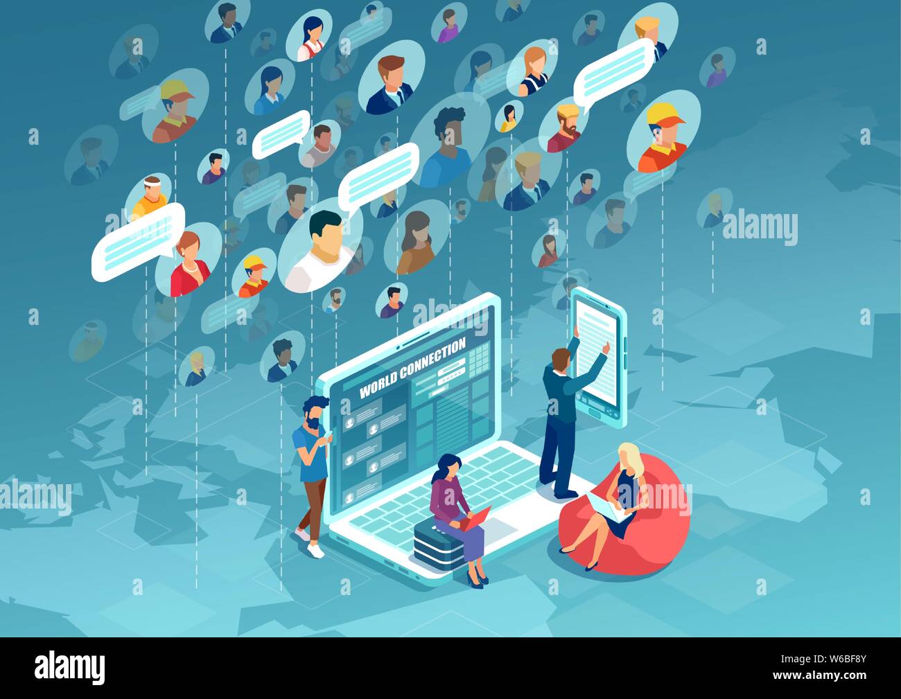 El concepto de red social. Vector de diversas personas que se conectan en todo el mundo usando