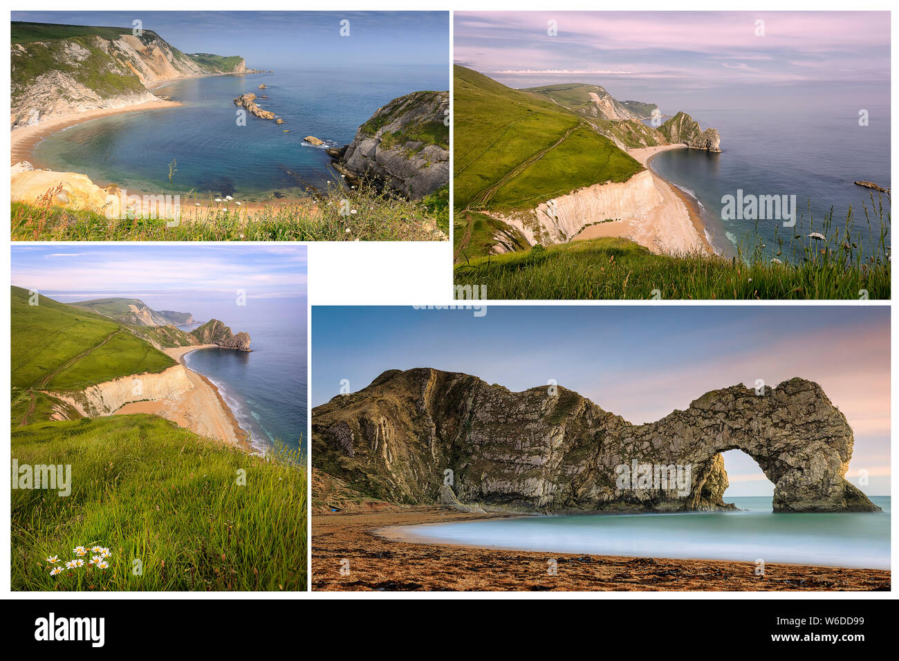 Collage de fotos y con espacio de copia. La puerta de Durdle rock arch y el Man O' War Beach, en la costa de Dorset del sur de Inglaterra durante el día Foto de stock