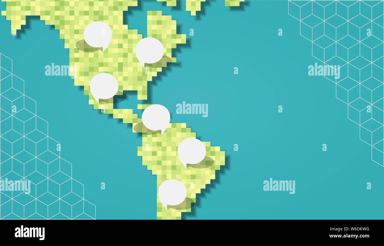 Continente América mapa ilustración hecha de píxeles verdes. Píxel geométrica abstracta planeta con copia vacía el espacio burbujas en América del Norte y del sur cit Ilustración del Vector