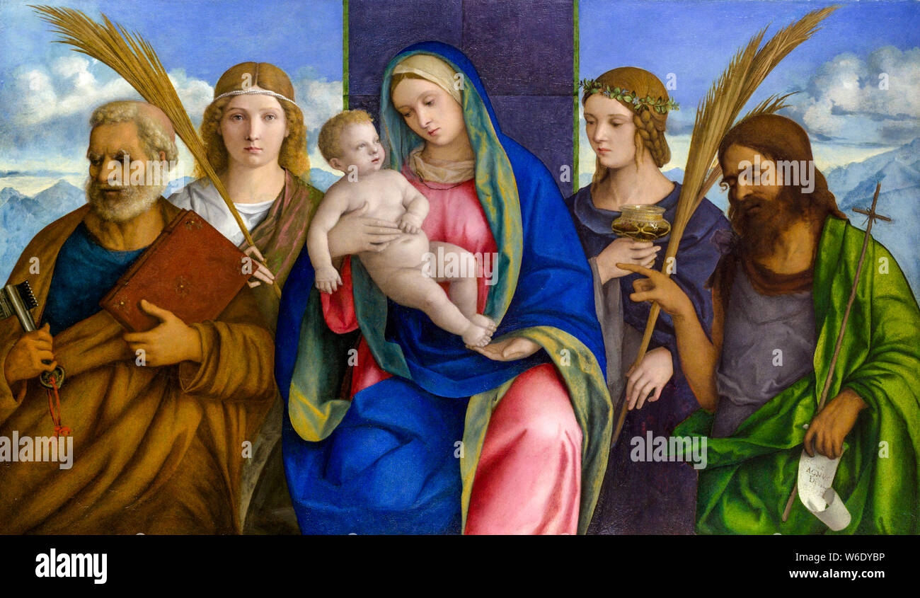 Giovanni Bellini, la pintura, la Virgen y el Niño con los Santos, 1459-1516 Foto de stock