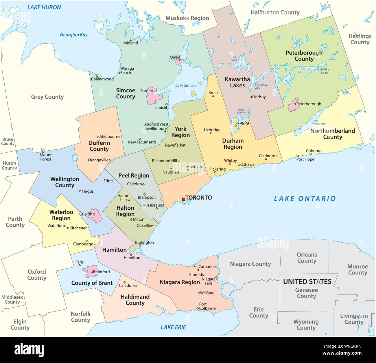 Mapa de la zona metropolitana de Herradura Dorada alrededor del extremo occidental del Lago Ontario en Ontario, Canadá Ilustración del Vector