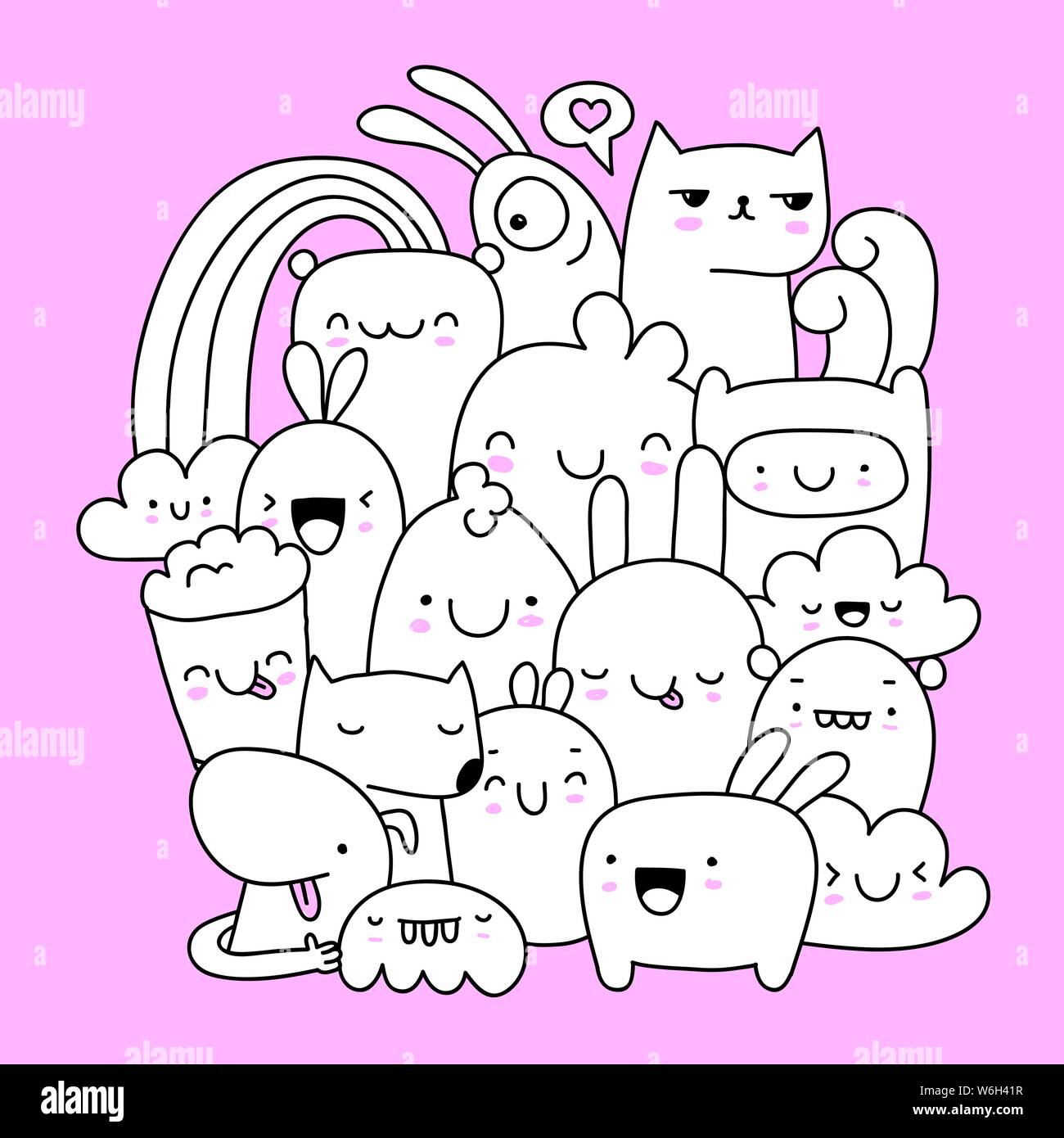 Lindo y feliz estilo kawaii doodle criaturas Imagen Vector de stock - Alamy