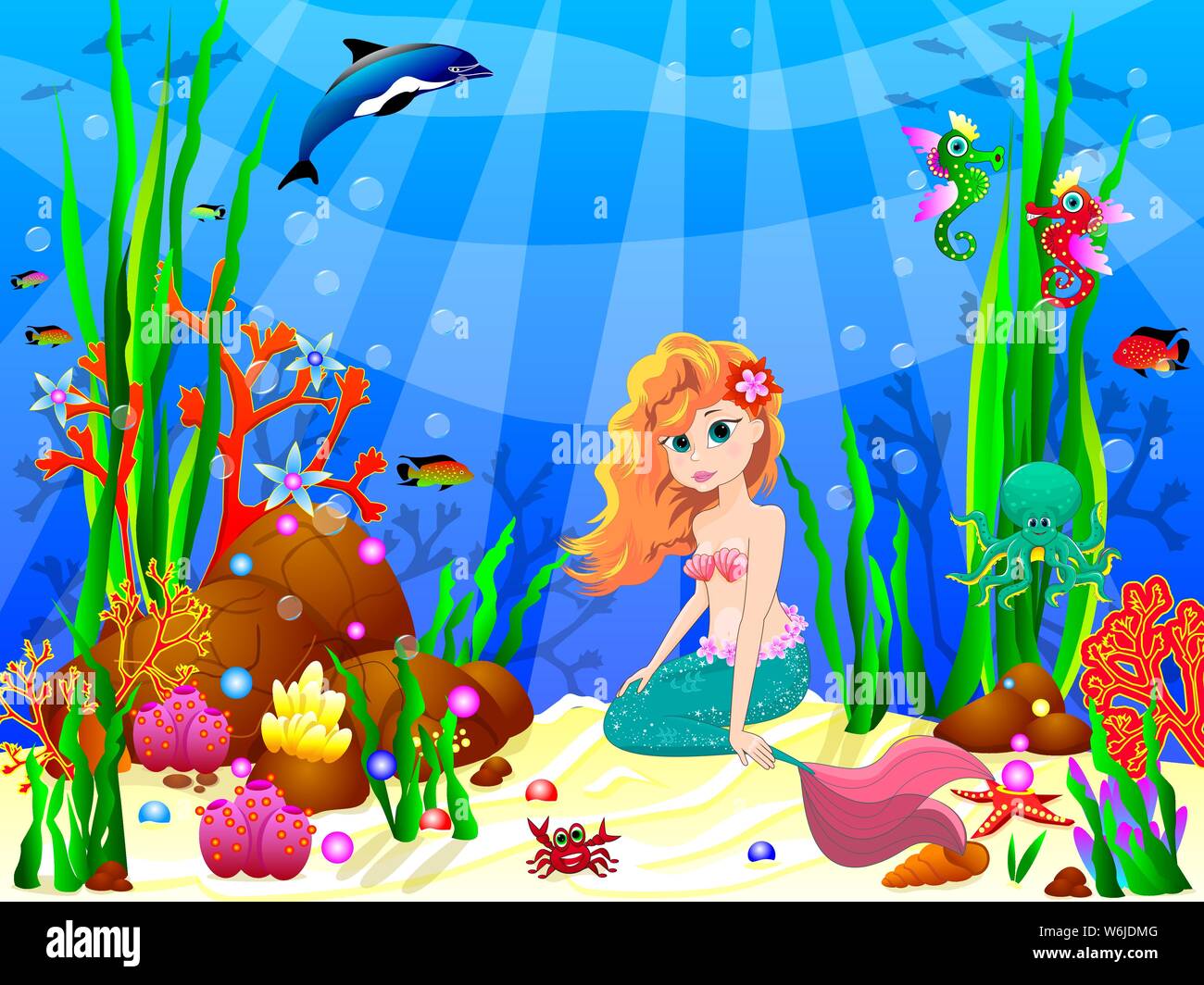 La sirenita bajo el agua entre las criaturas marinas y plantas submarinas.  Cute mermaid sentado en el fondo del mar Imagen Vector de stock - Alamy