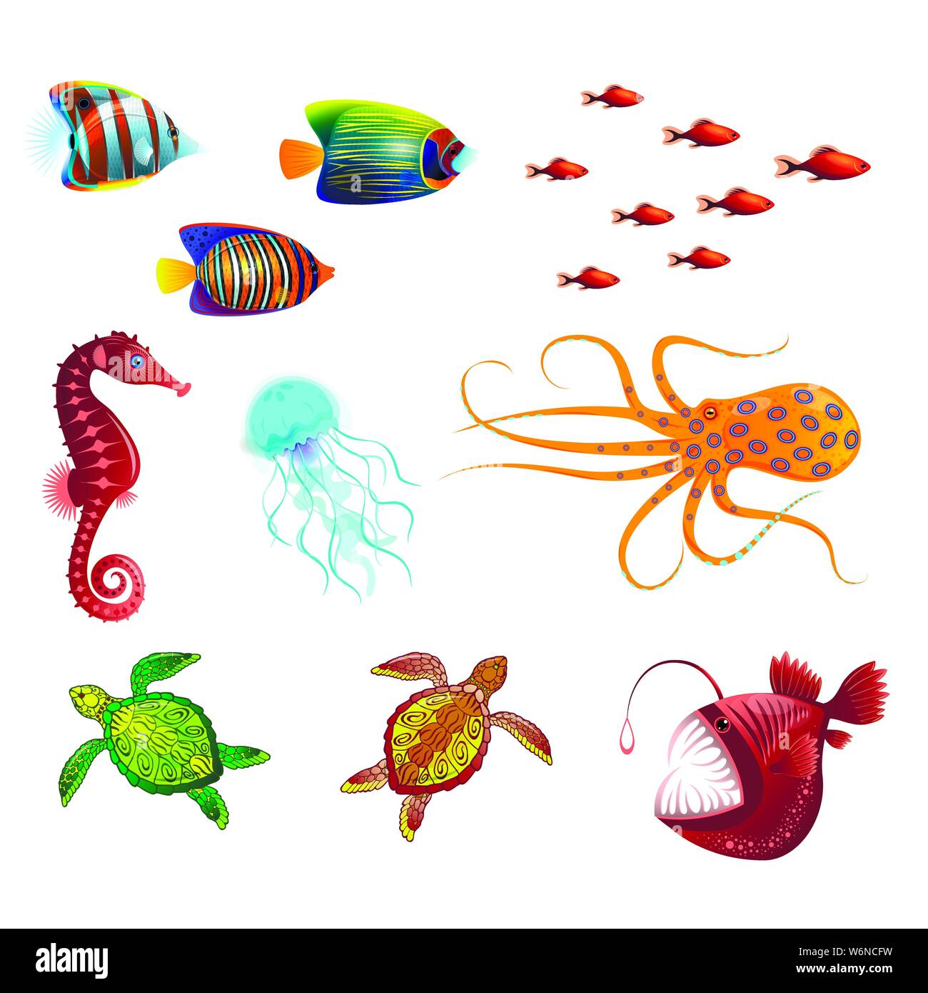 Animales marinos y peces. Aislado en blanco objetos separados. Mundo submarino Ilustración del Vector