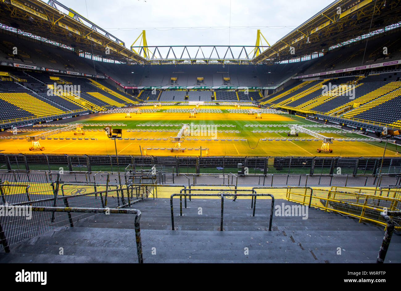 Westfalenstadion Signal-Iduna-Park, el estadio de fútbol de BVB Borussia Dortmund, el césped del campo está iluminada con lámparas especiales, para el cuidado del césped Foto de stock