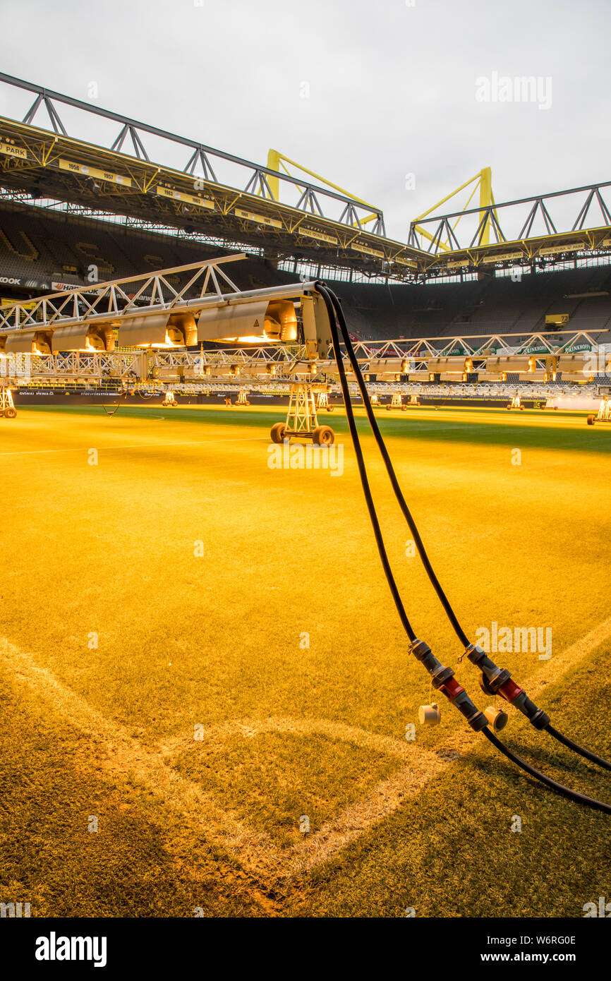 Westfalenstadion Signal-Iduna-Park, el estadio de fútbol de BVB Borussia Dortmund, el césped del campo está iluminada con lámparas especiales, para el cuidado del césped Foto de stock