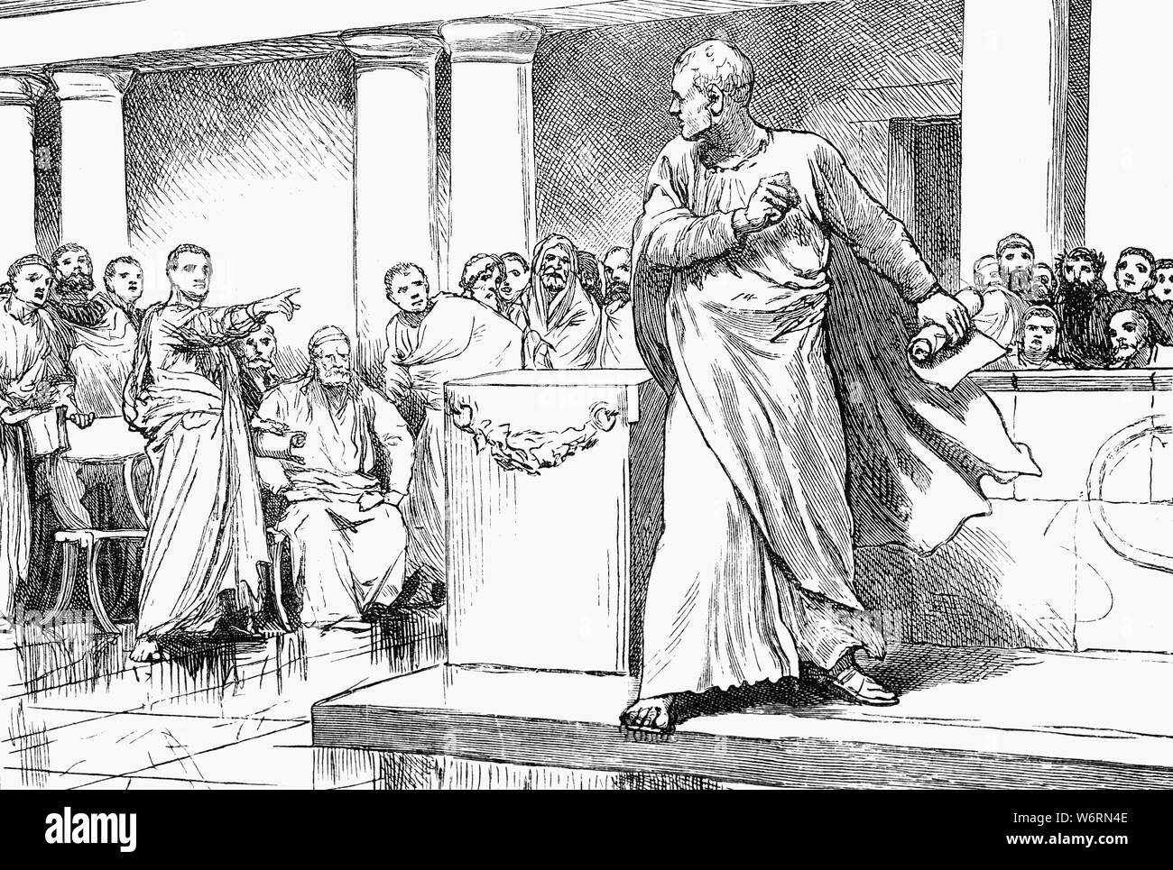 Lucius SERGIUS CATILINA, conocida en inglés como Catiline(108-62 AEC), fue un senador romano del siglo I A.C. mejor conocido por el segundo Catilinarian conspiración, un complot ideado por Catiline con la ayuda de un grupo de aristócratas y descontentos veteranos, para derrocar a la República Romana en el 63 A.C. Cicero expuesta la parcela, lo que obligó a Catiline a huir de Roma. Foto de stock