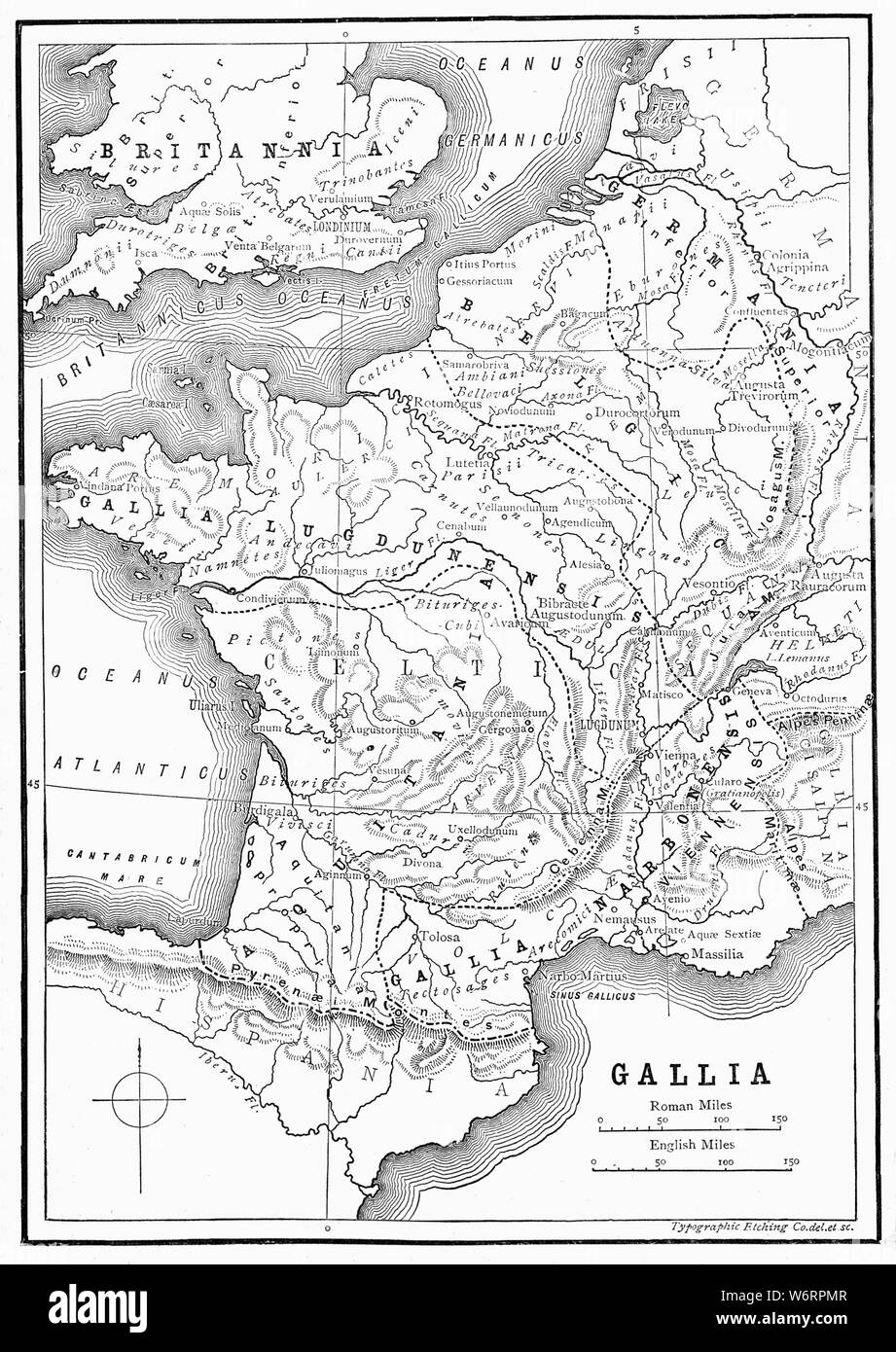 Un mapa del siglo XIX ilustrando la provincia romana de Gallia, hogar de los galos, y Britannia. Hoy poco |cubre Francia, Bélgica y el sur de Inglaterra. Foto de stock