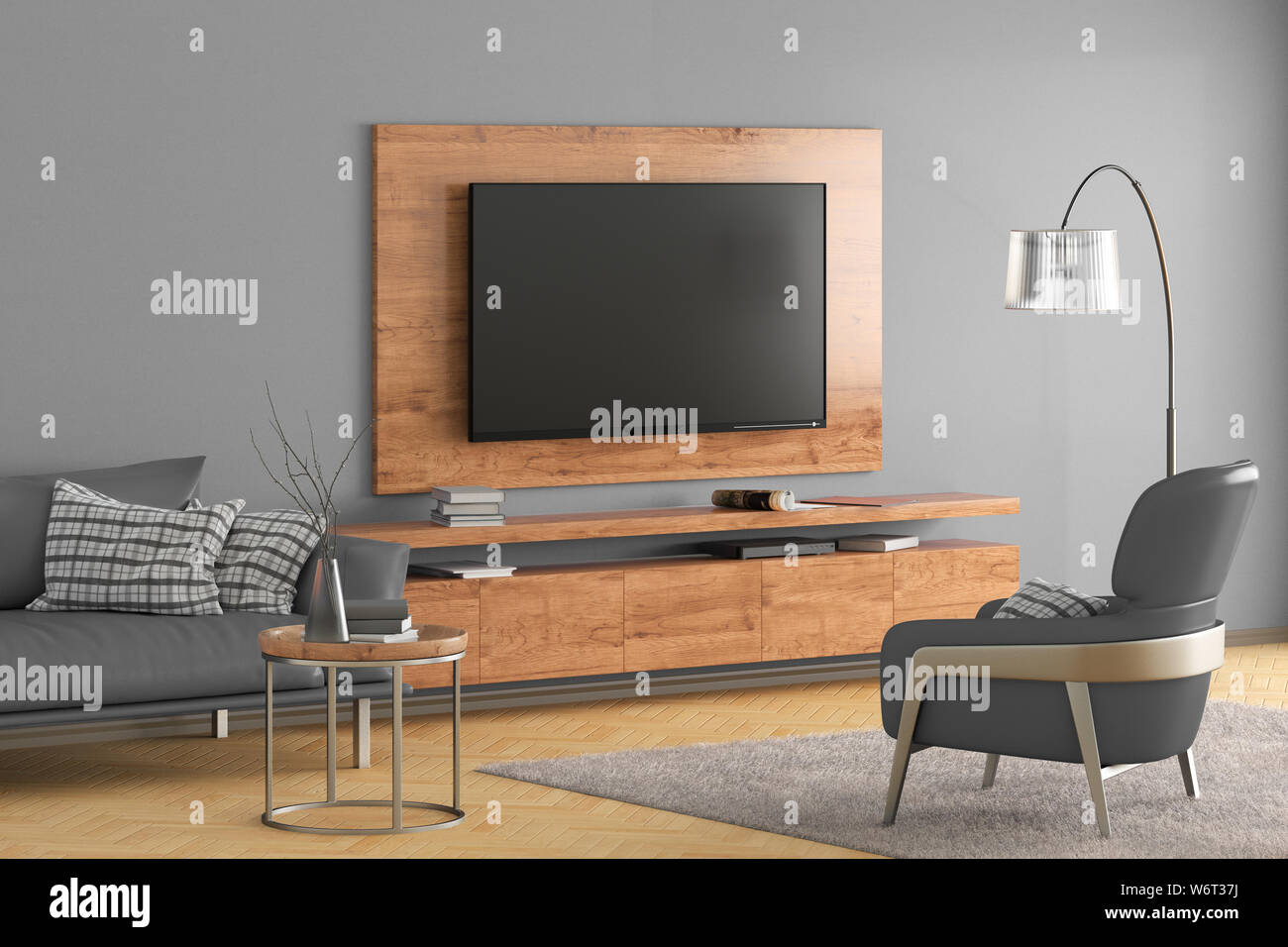 TV en la pared gris de la moderna sala de estar con sillones de cuero y  armario, sofá, mesa de café, lámpara de piso y alfombras de piel.  Ilustración 3d Fotografía de