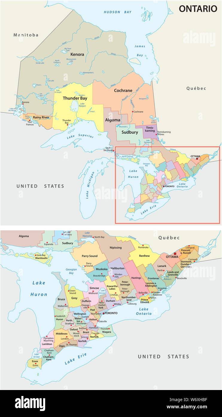 Mapa político y administrativo de Ontario Ilustración del Vector