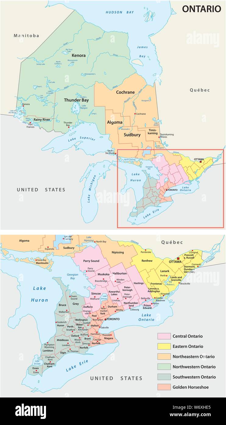 Mapa de las regiones administrativas en la provincia de Ontario en Canadá. Ilustración del Vector