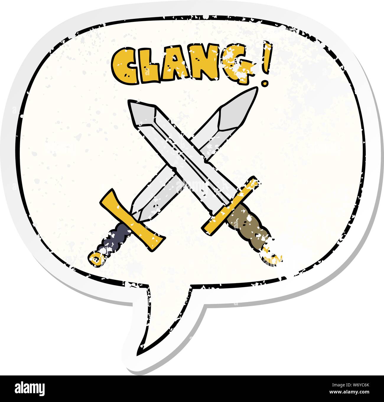 Cartoon pelea de espadas con burbujas de voz angustiada angustiado vieja  etiqueta Imagen Vector de stock - Alamy