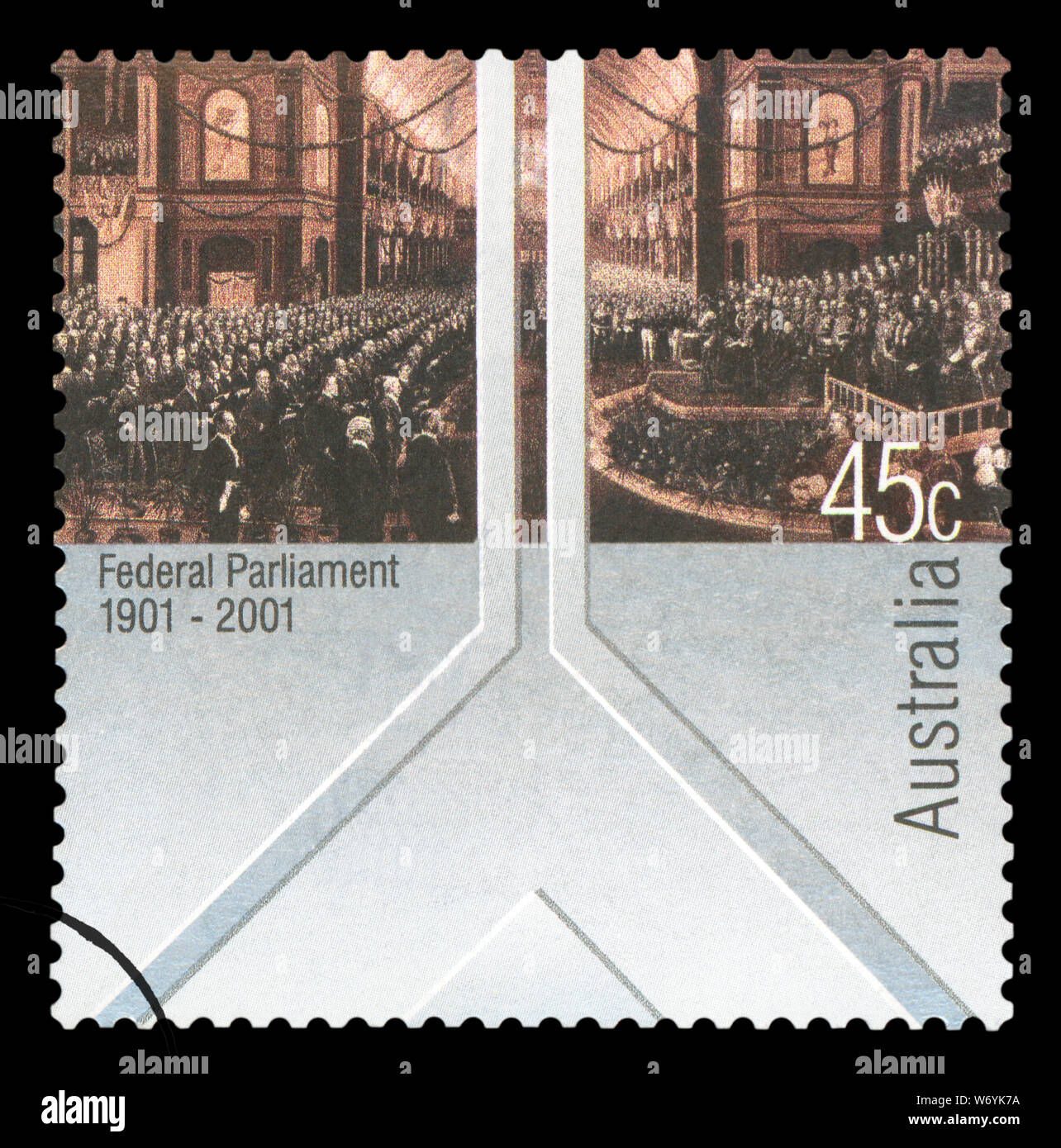 AUSTRALIA - circa 2001: un sello impreso en Australia muestra la apertura del primer parlamento federal, 9. Mayo de 1901, circa 2001. Foto de stock