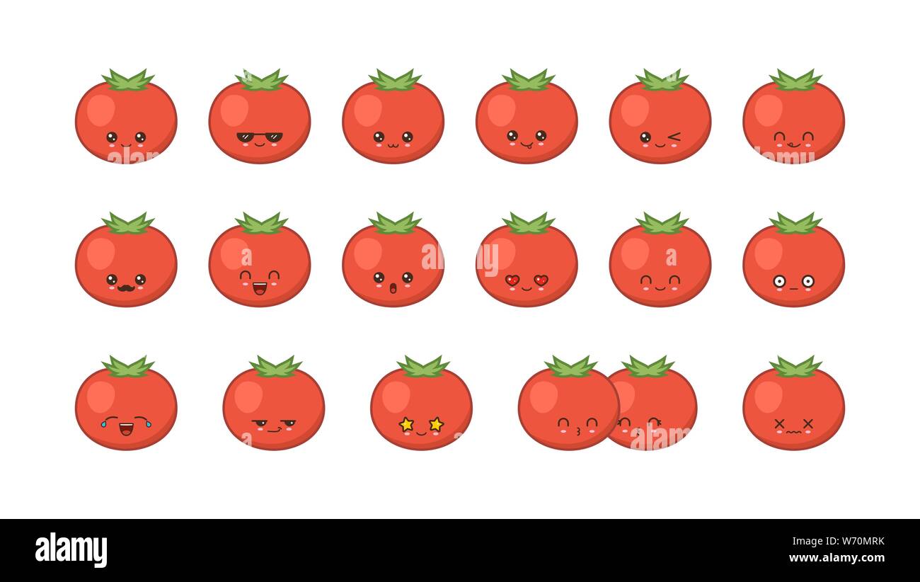 Tomate cute kawaii mascota. Establecer kawaii comida rostros expresiones sonrisa emoticonos. Ilustración del Vector