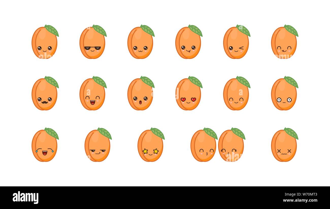 Apricot cute kawaii mascota. Establecer kawaii comida rostros expresiones sonrisa emoticonos. Ilustración del Vector