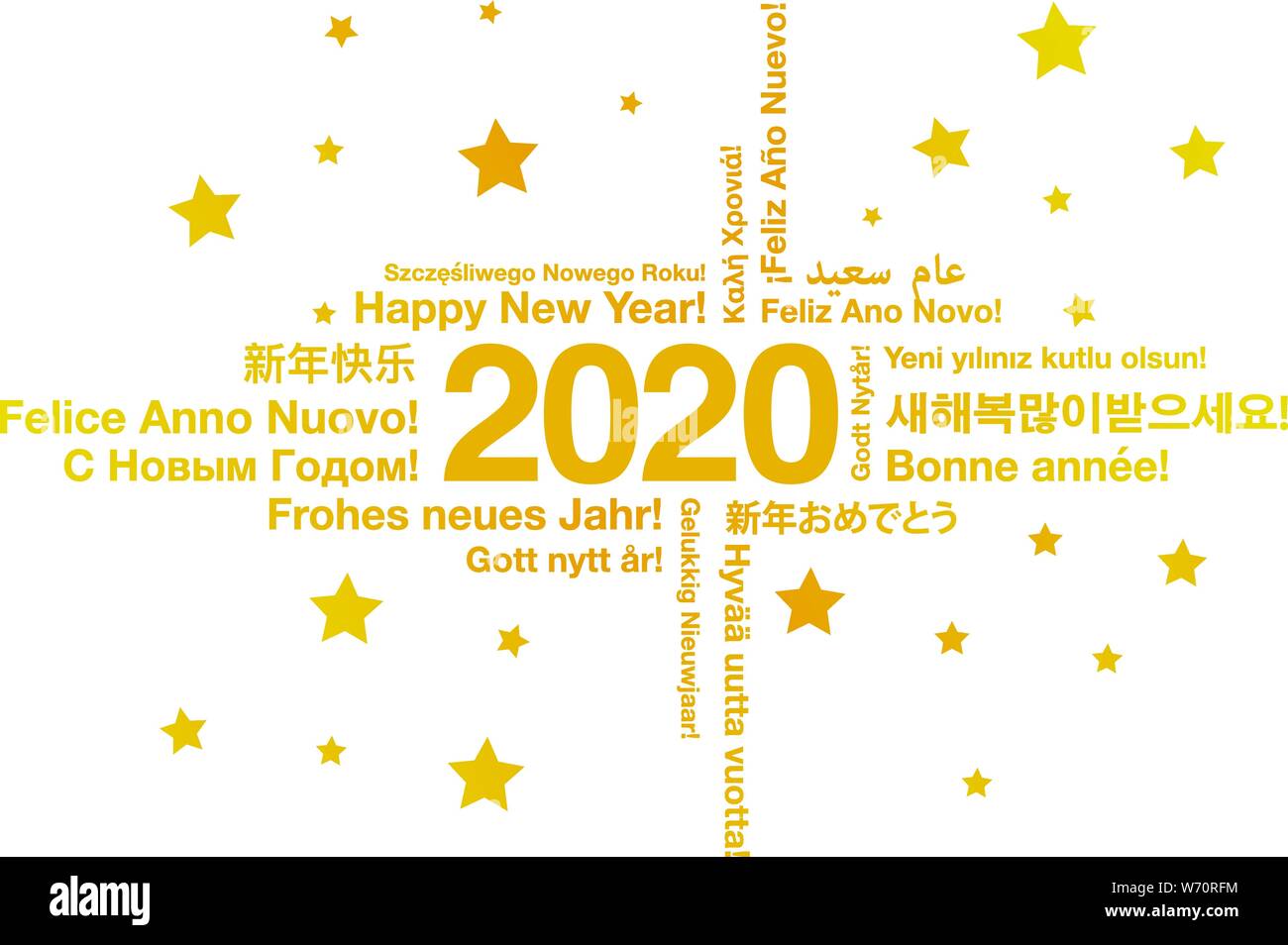 Feliz Año Nuevo 2020 en diferentes idiomas el concepto de tarjetas de felicitación Ilustración del Vector