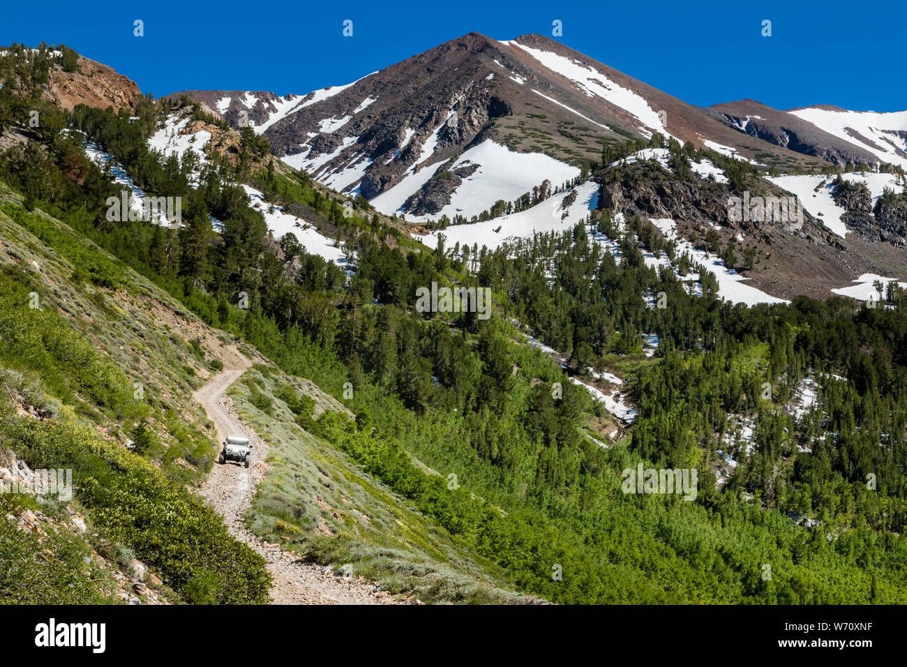 Jeep a un camino de tierra en las Sierras con picos de las montañas y el  valle verde Fotografía de stock - Alamy