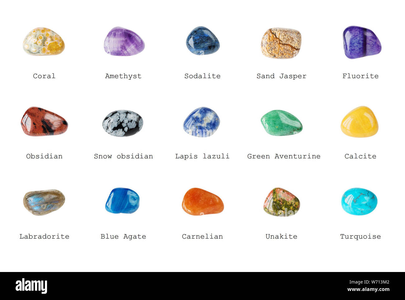 Conjunto de diversos minerales piedras preciosas con nombres aislados sobre  fondo blanco Fotografía de stock - Alamy