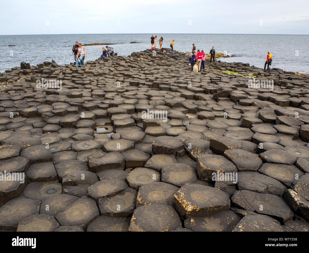 El condado de Antrim, Irlanda del Norte, Reino Unido - 17 de julio de 2019: Los visitantes de Giant's Causeway, singular formación geológica hexagonales de basalto volcánico rocas. Foto de stock