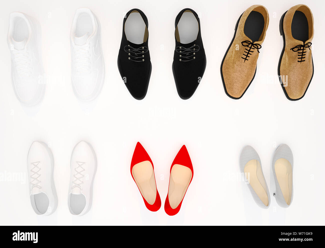 Conjunto de mujer y zapatos de hombre vista desde arriba. Rojo y beige  zapatos femeninos. Las mujeres blancas de sneakers. Negro y marrón zapatos  de hombre. Los hombres blancos de sneakers. Piso