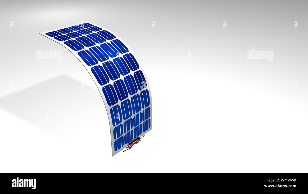 Modelo 3D de un panel solar flexible con cables de conexión de color rojo y negro sobre fondo blanco - Energías Renovables - Ilustración 3D Foto de stock