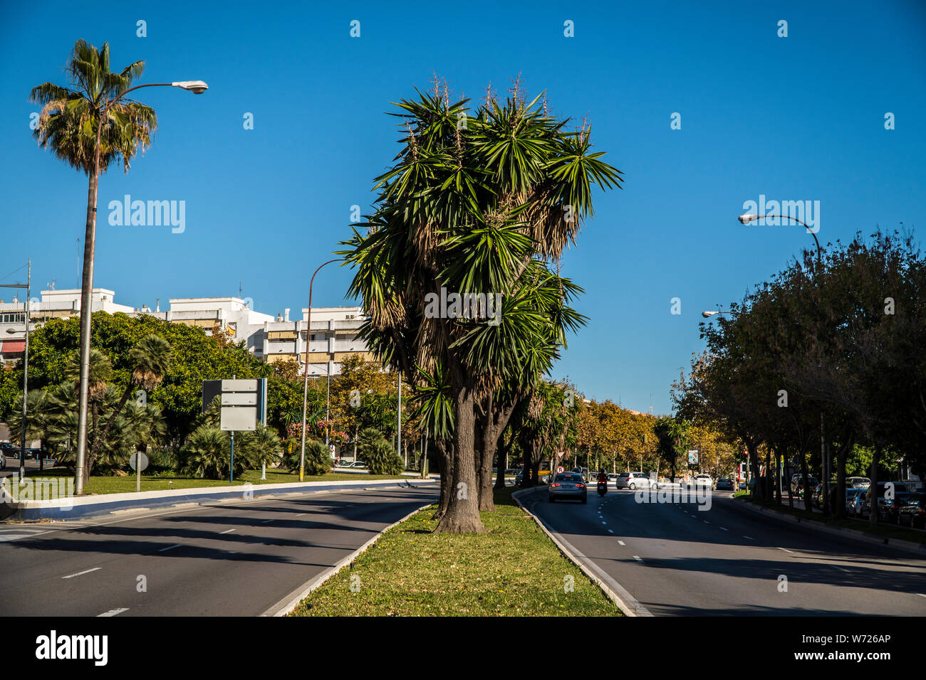 Noviembre 21, 2017 - Marbella, España. Lookign a lo largo de la "Milla de Oro", en un día soleado. Palmeras y cielo azul. Foto de stock