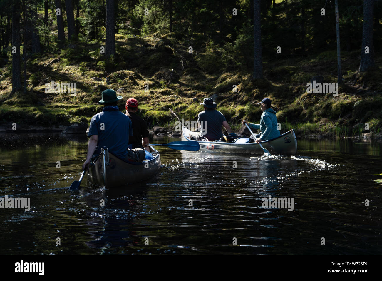La gente canotaje en el Río Negro (Svartälven) en el desierto, Suecia Foto de stock