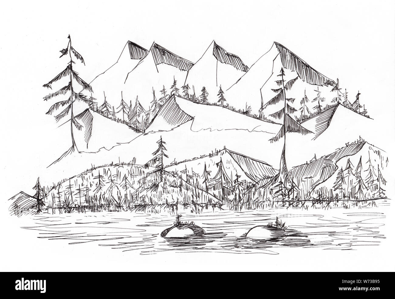 Croquis del agreste paisaje con montañas Hill y Río, ilustración dibujada a mano con tinta Foto de stock
