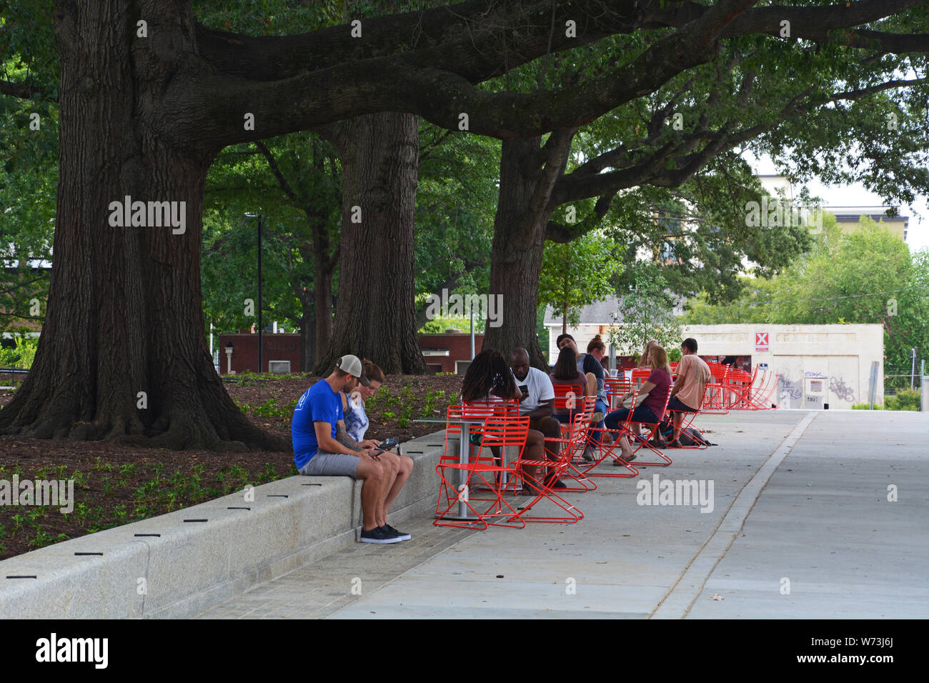 Los visitantes sentarse bajo la sombra de árboles centenarios en la revitalizada Moore Square (2019) en el centro de Raleigh, Carolina del Norte. Foto de stock