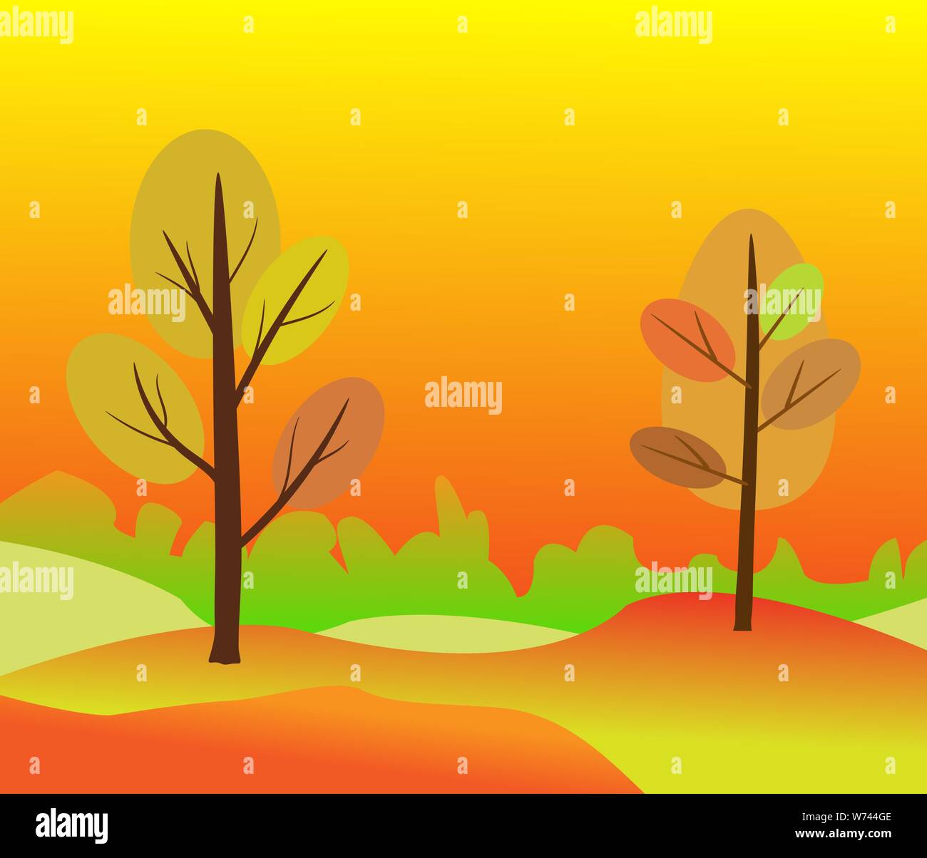 Ilustración vectorial de hermoso paisaje otoñal de oro sobre fondo rojo amarillo colores de otoño en moderno estilo elegante con árboles de otoño en el fores Ilustración del Vector