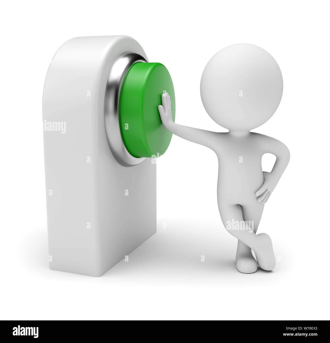 Gente pequeña 3d - pulsando el botón verde en la tarjeta de control. 3D rendering. Aislado sobre fondo blanco. Foto de stock