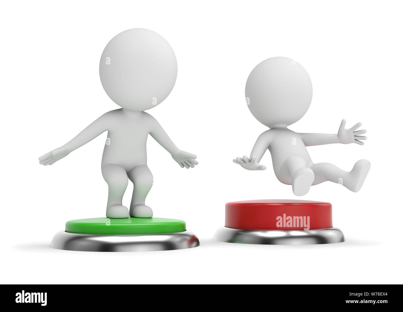 Gente pequeña 3d - pulsando el botón verde por un salto. 3D rendering. Aislado sobre fondo blanco. Foto de stock