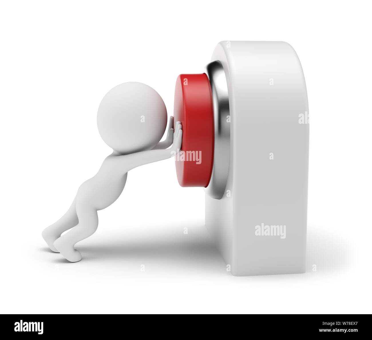 Gente pequeña 3d - presionando el botón rojo en la tarjeta de control. 3D rendering. Aislado sobre fondo blanco. Foto de stock