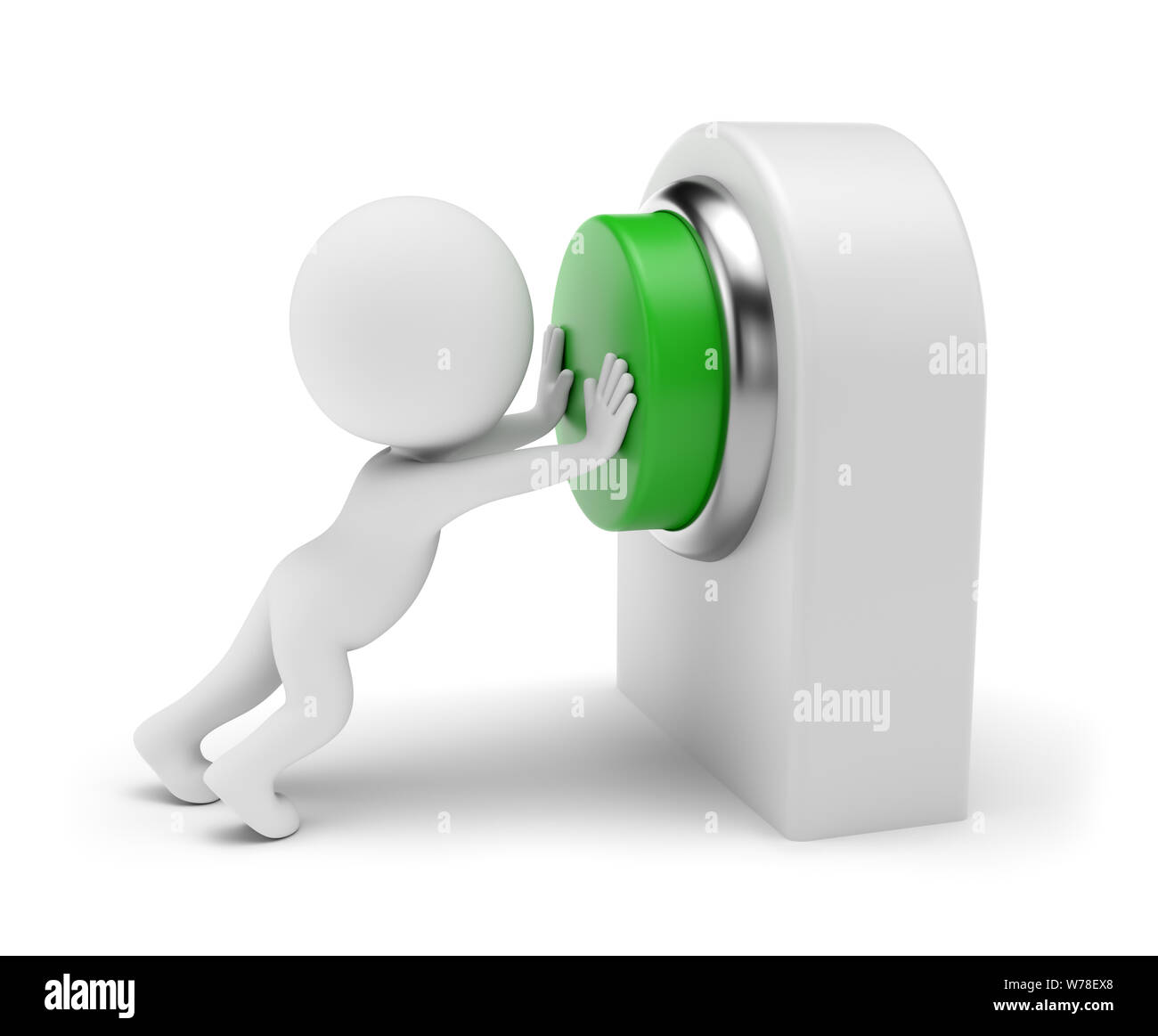 Gente pequeña 3d - pulsando el botón verde en la tarjeta de control. 3D rendering. Aislado sobre fondo blanco. Foto de stock