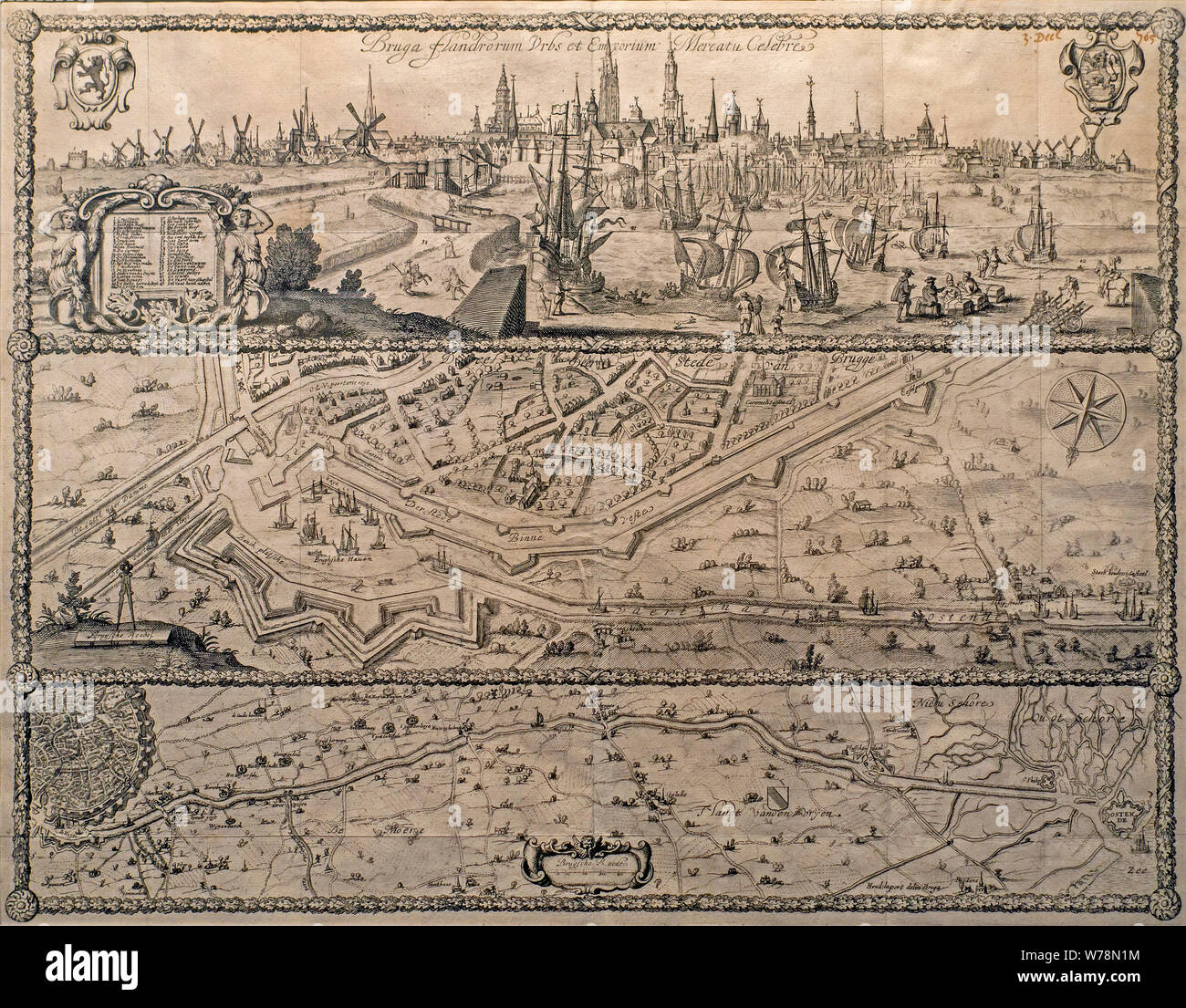 Mapa del siglo XVII de la ciudad belga de Brujas, Bruga Flandrorum urbs et emporium Mercatu celebre, por Hendric la Porte Foto de stock