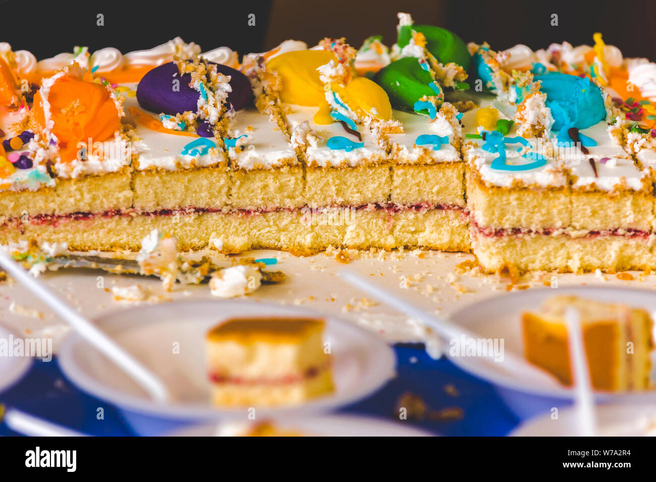 Una gran celebración, rectangulares, mermelada bizcocho. Este pan es  cortado en rodajas con placas de tarta en el primer plano y migajas en el  oriente. Profundidad de campo Fotografía de stock -