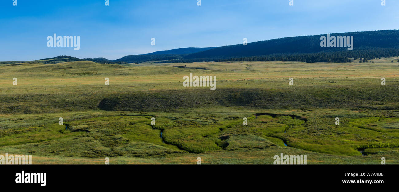 Panorama del paisaje con una corriente curvándose a través de pastizales y praderas abiertas en ranchos cerca de Pagosa Springs, Colorado Foto de stock