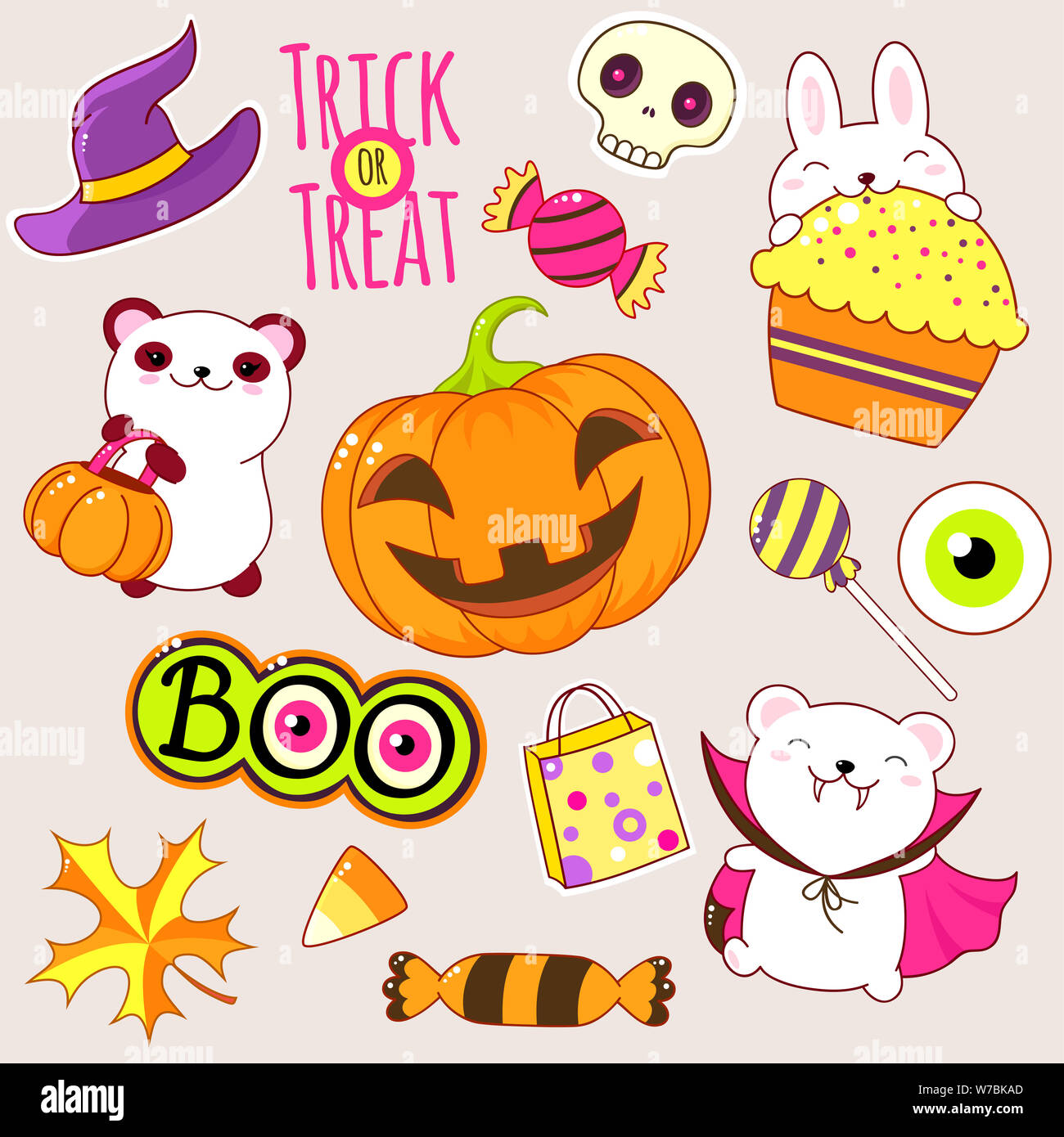 Conjunto de iconos en la fiesta de Halloween lindo estilo kawaii. Oso Polar  en traje del vampiro, conejo con pastel, sombrero de la bruja, la calabaza,  el cráneo, los caramelos. EP Fotografía